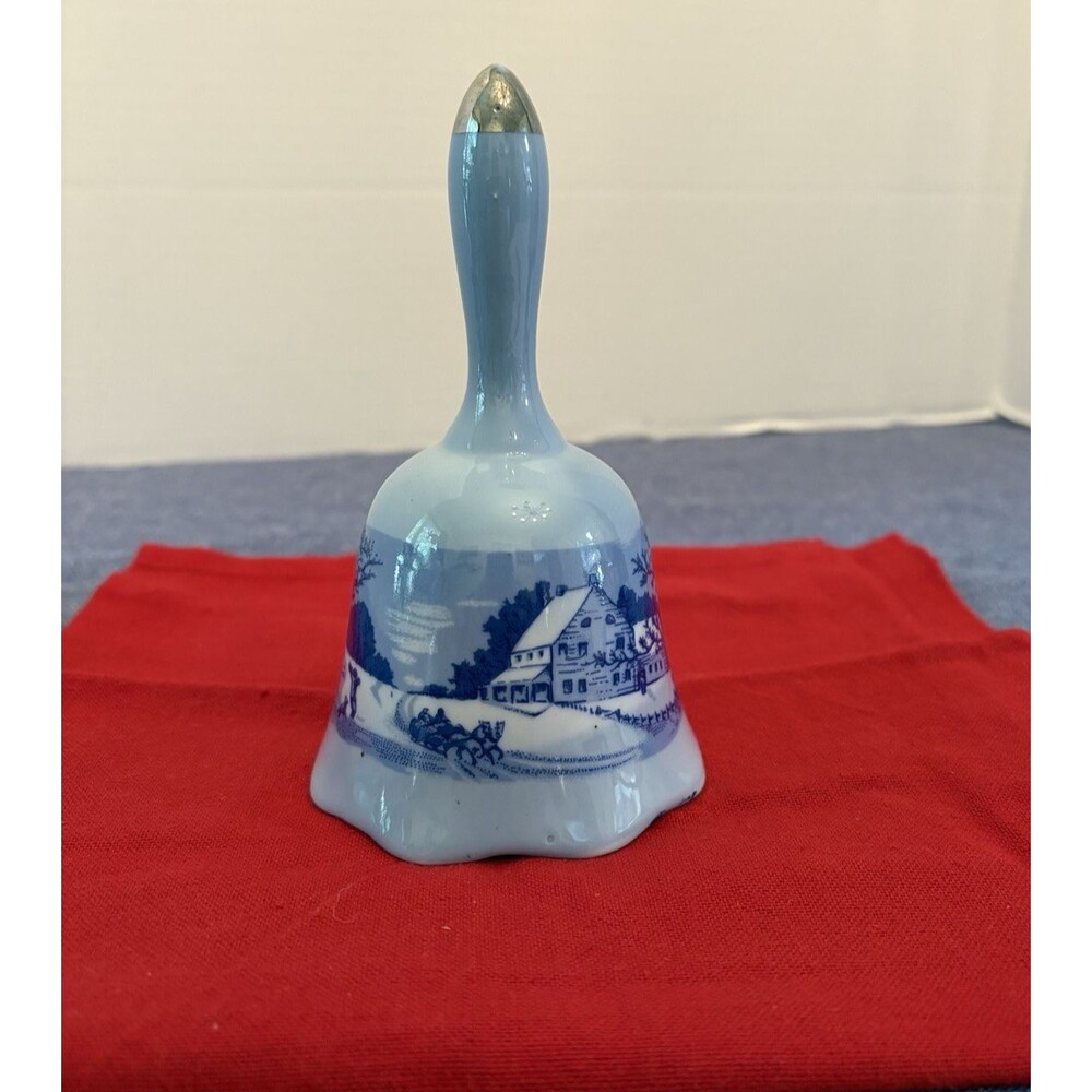 Vintage Blue and White Porcelain Currier & Ives "The Old Homestead Winter" Bell